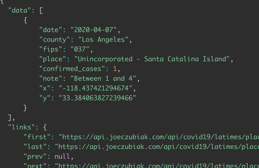 Image of sample API response from Joe's APIs